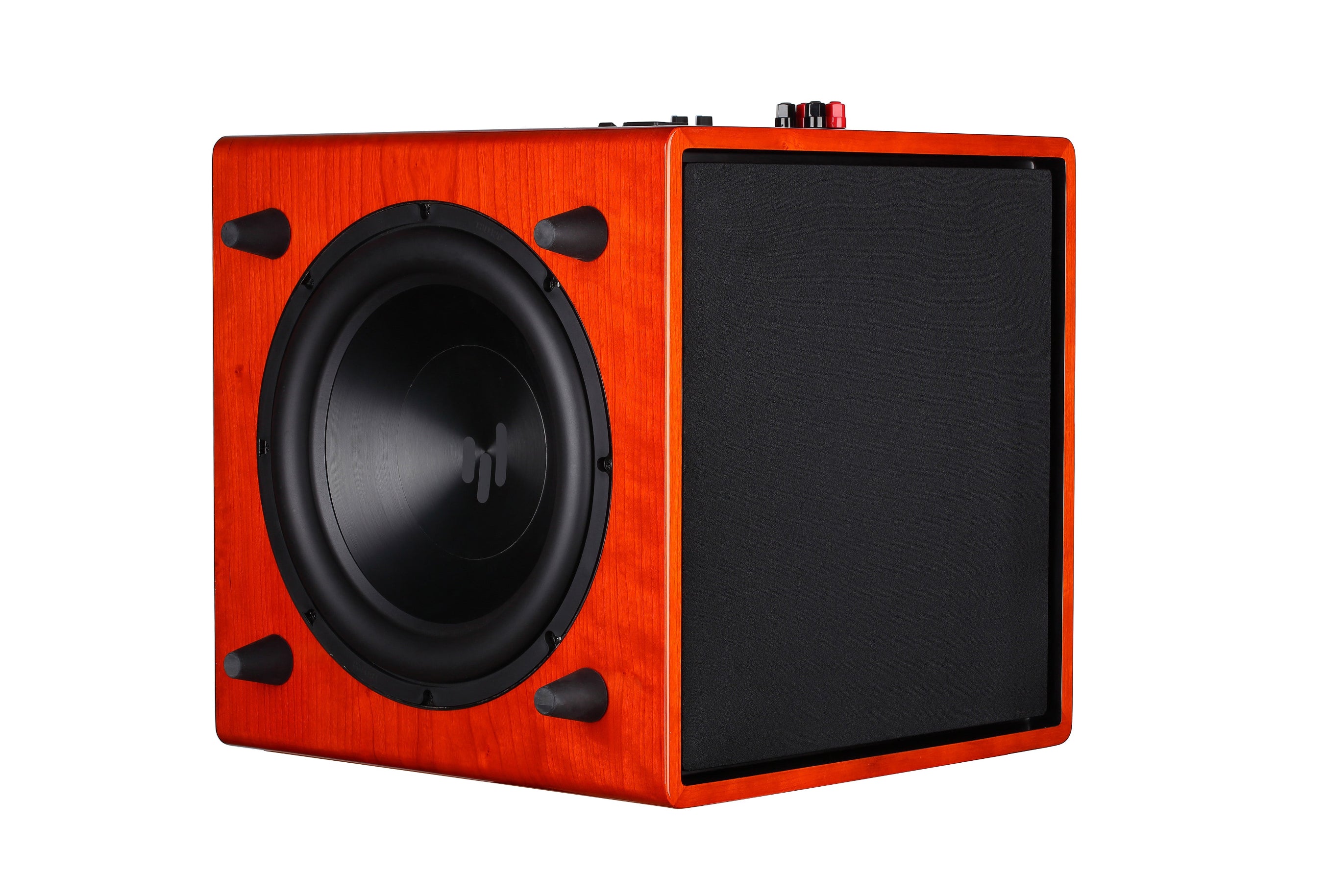 Gloss Cherry subwoofer with a black driver on a white background