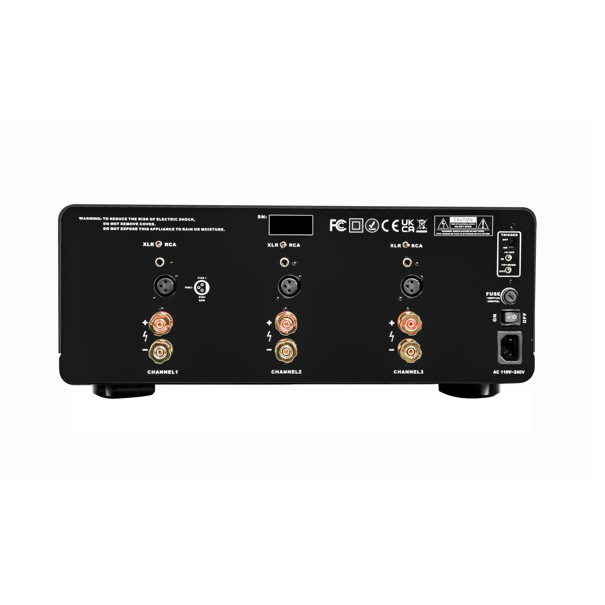 Black Power Amplifier with multiple connectors and labels on a white background