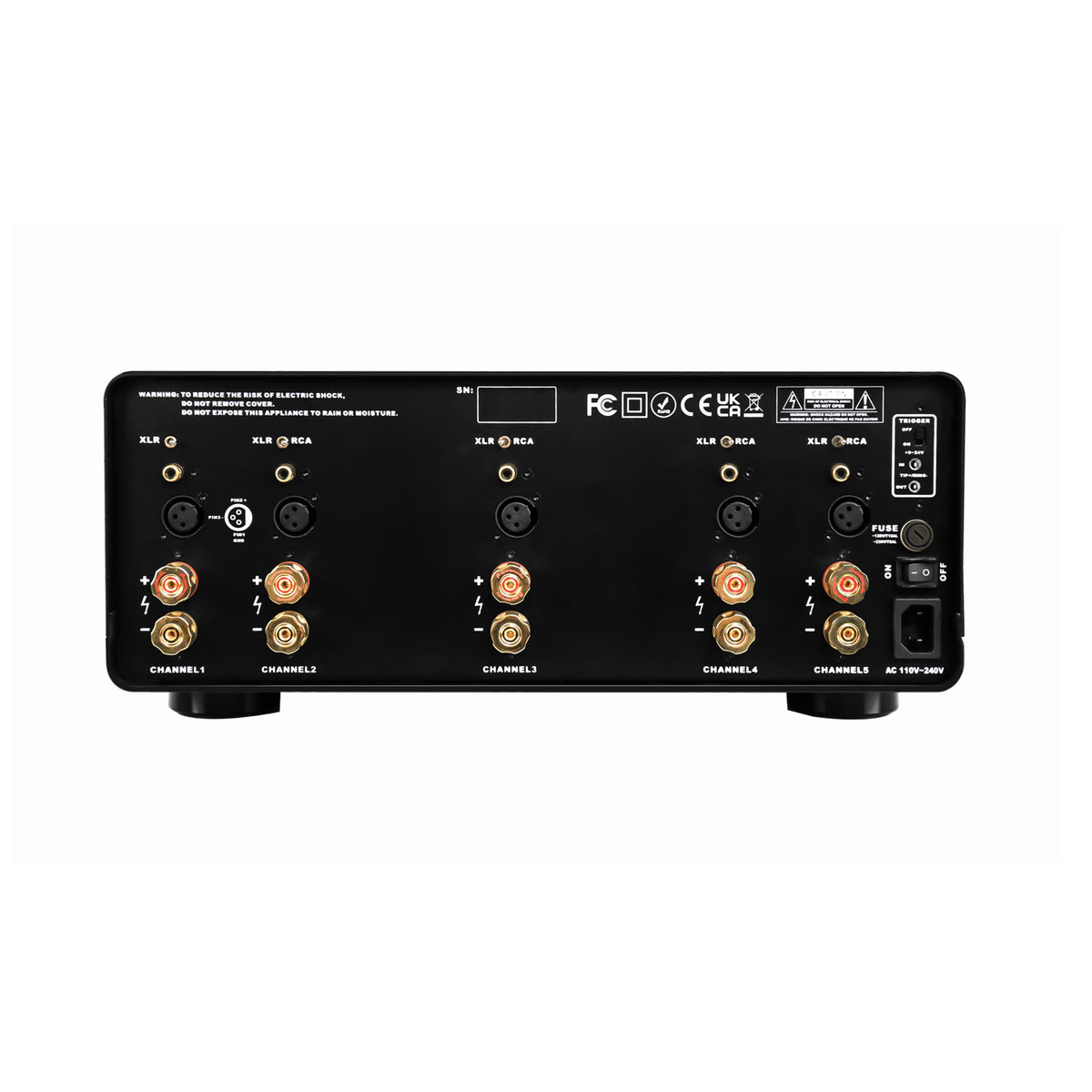 Black power amplifier with various connectors on a white background