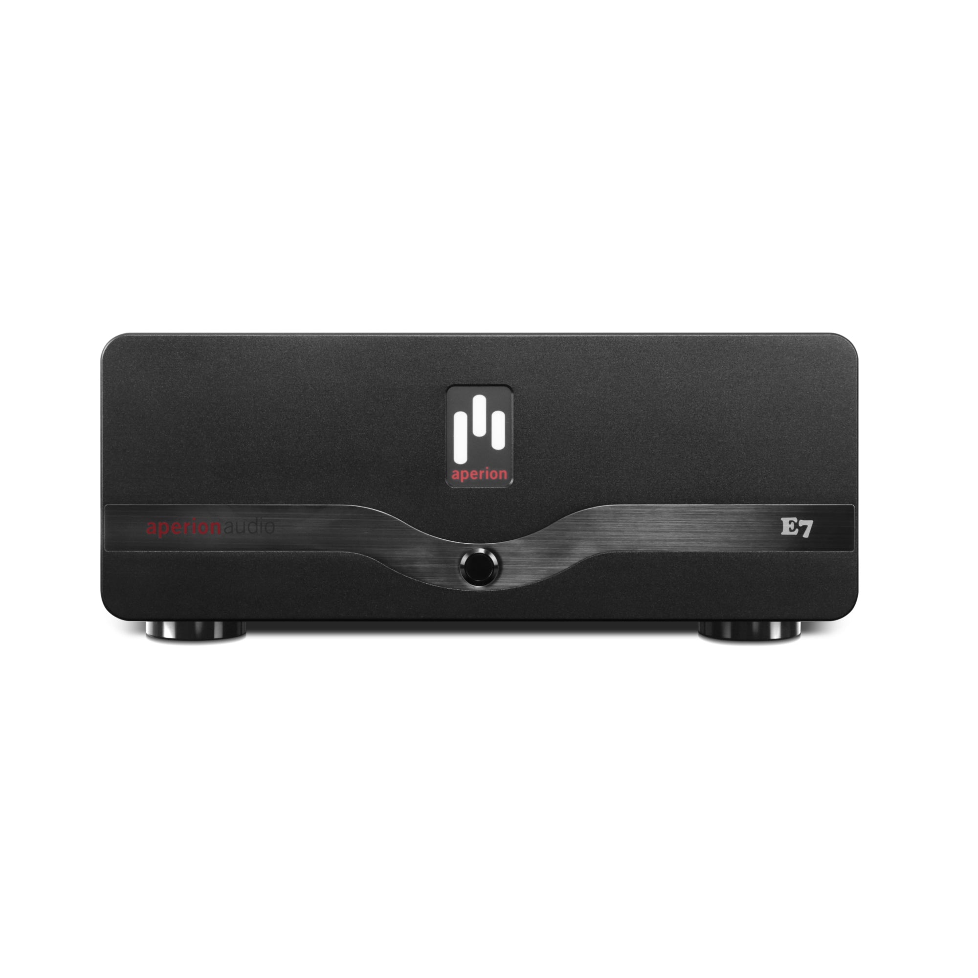 Black power amplifier with 'Aperion' branding on a white background