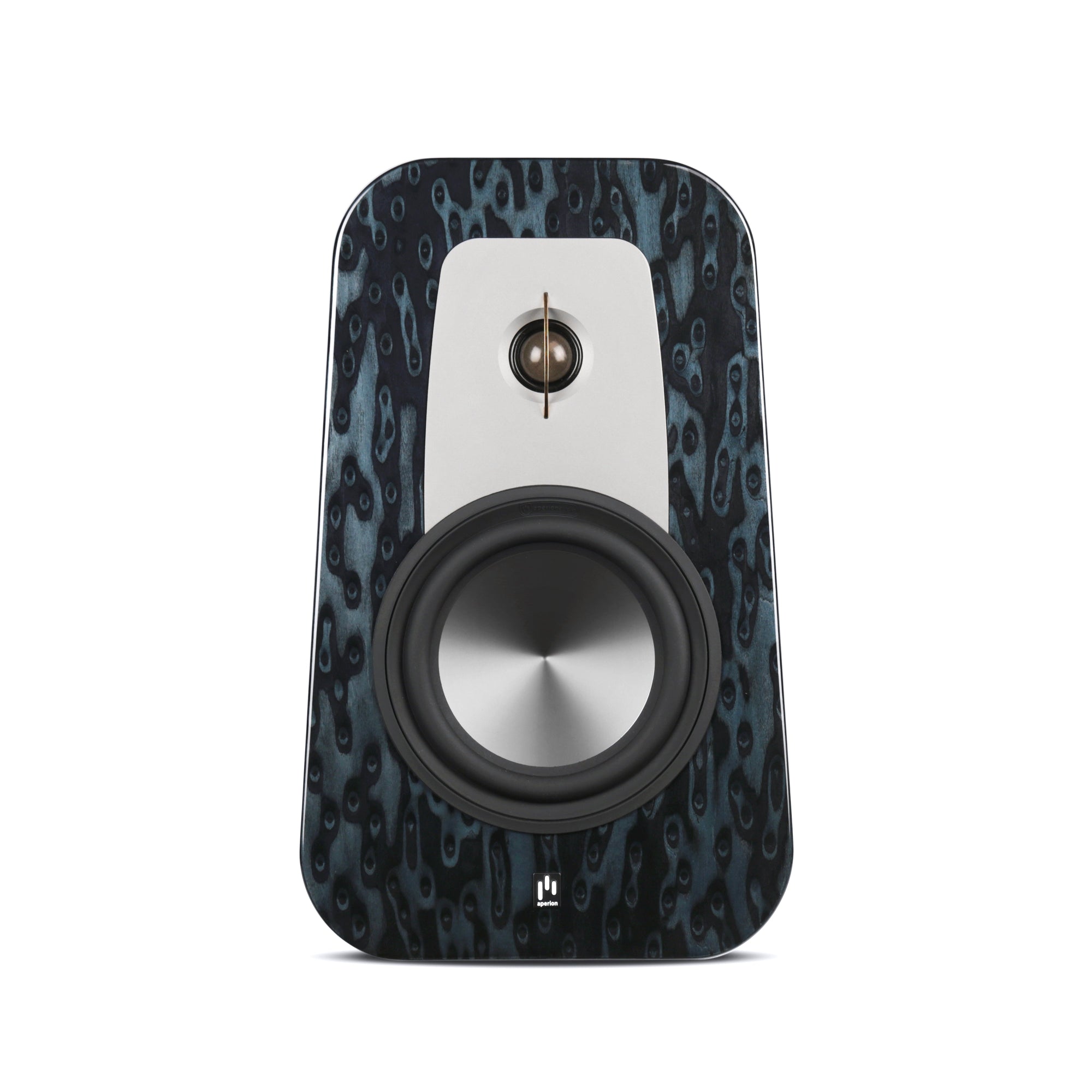 Silver faceplate tweeter on gloss blue opal cabinetry