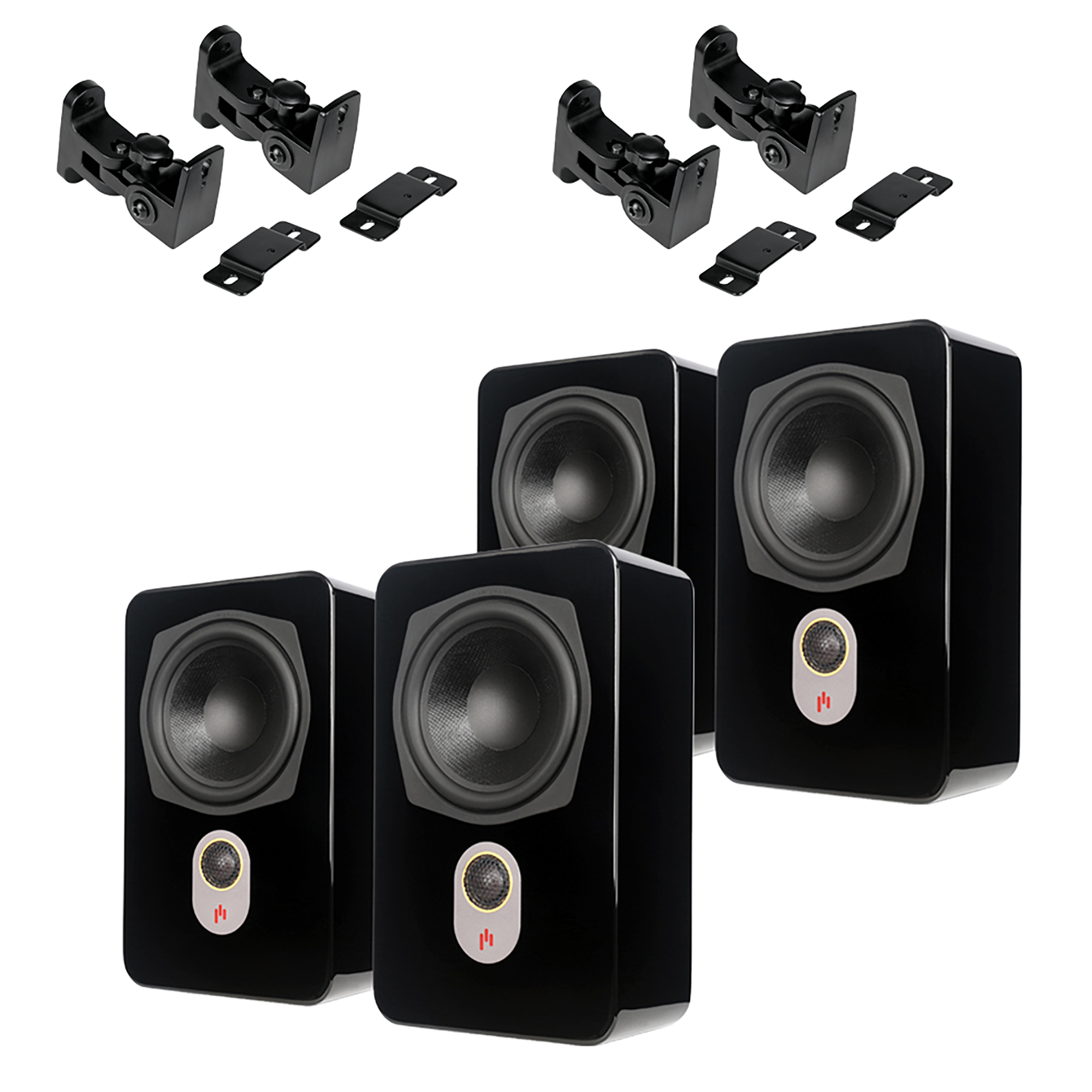 Four Aperion Novus Slim Satellite speakers in gloss black finish on a white background with two pairs of Aperion Adjustable wall mounting brackets.