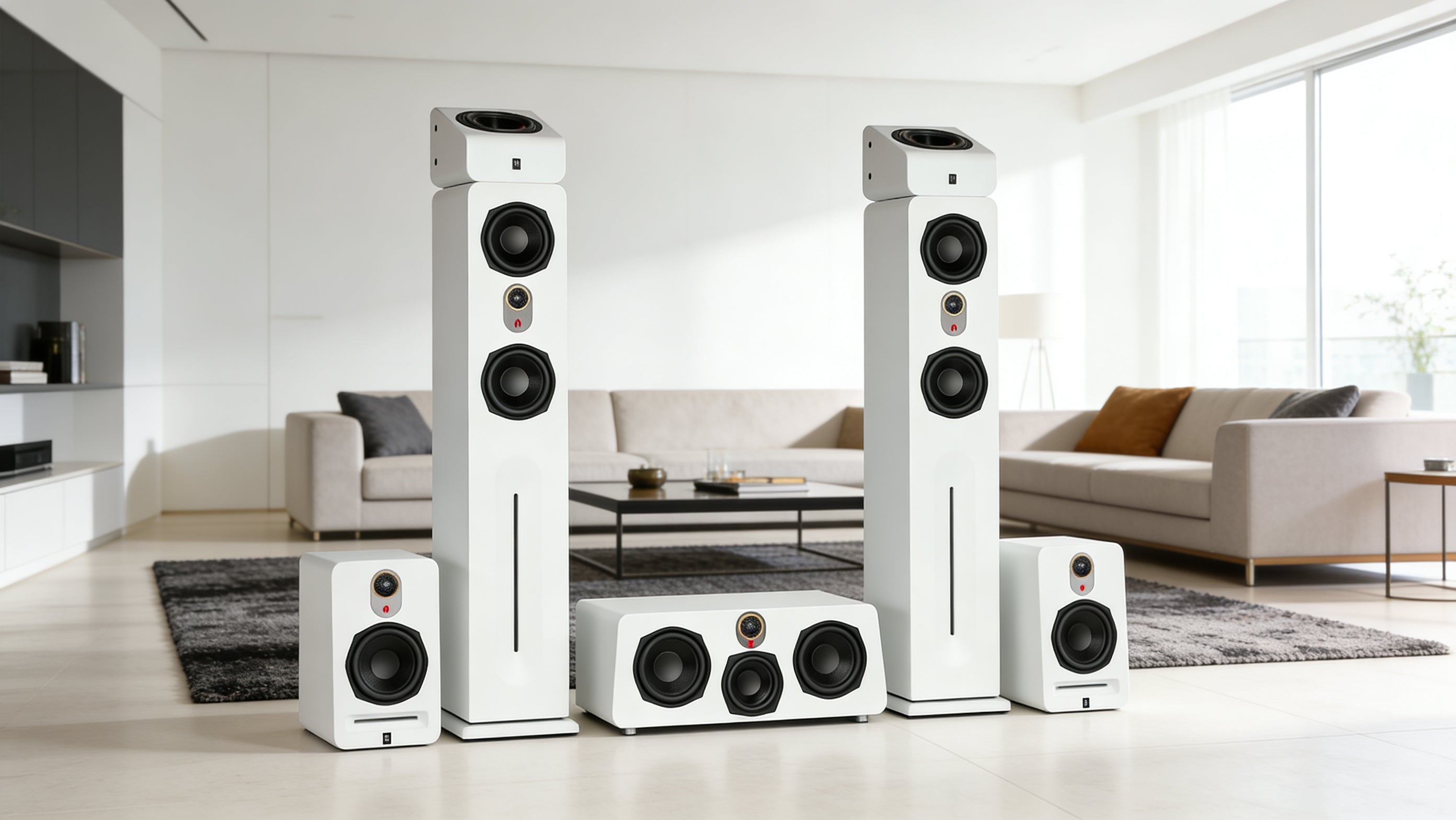 White home theater speaker system in a modern living room.