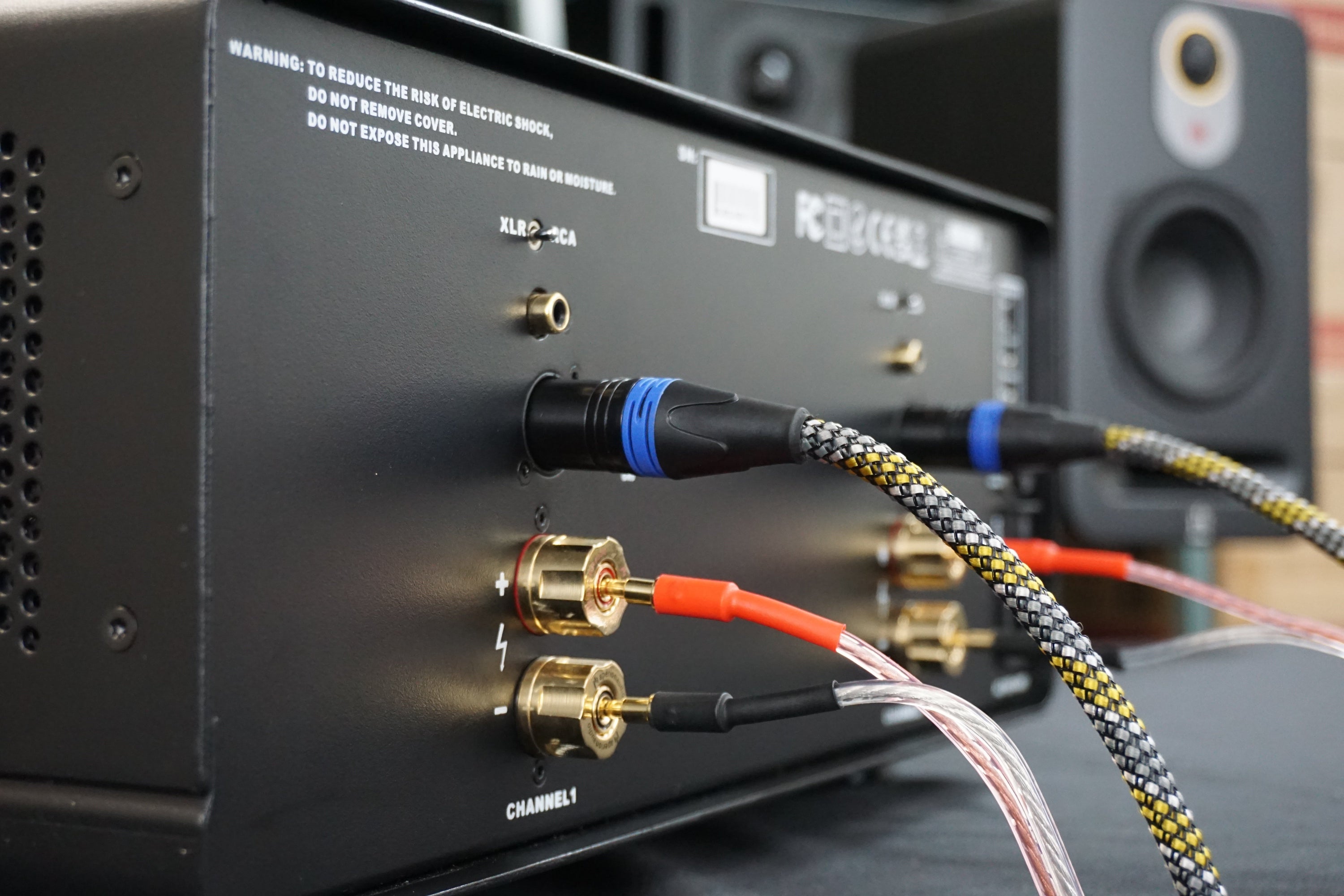 Aperion Audio XLR cables connected to 2 channel power amplifier