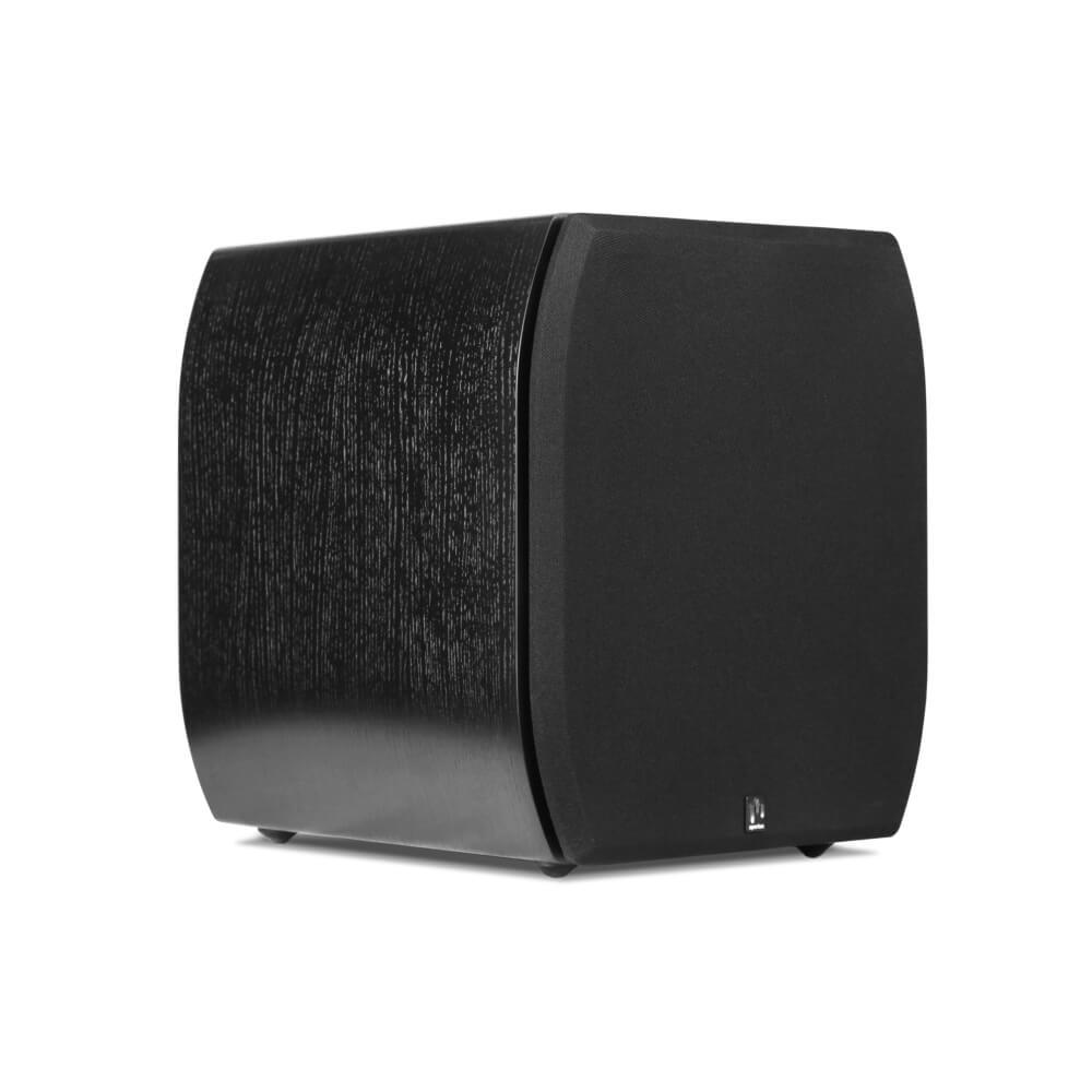 aperion audio daedalus ds8 powered subwoofer front left facing with its grille-on.