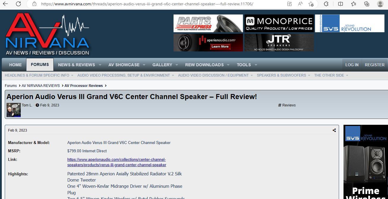 Aperion Audio Verus III Grand V6C Center Channel Speaker – Full Review by Avnirvana - Aperion Audio