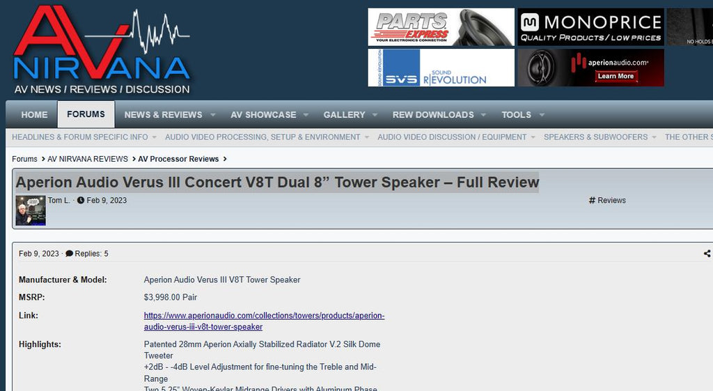 Aperion Audio Verus III Concert V8T Dual 8” Tower Speaker – Full Review by Avnirvana