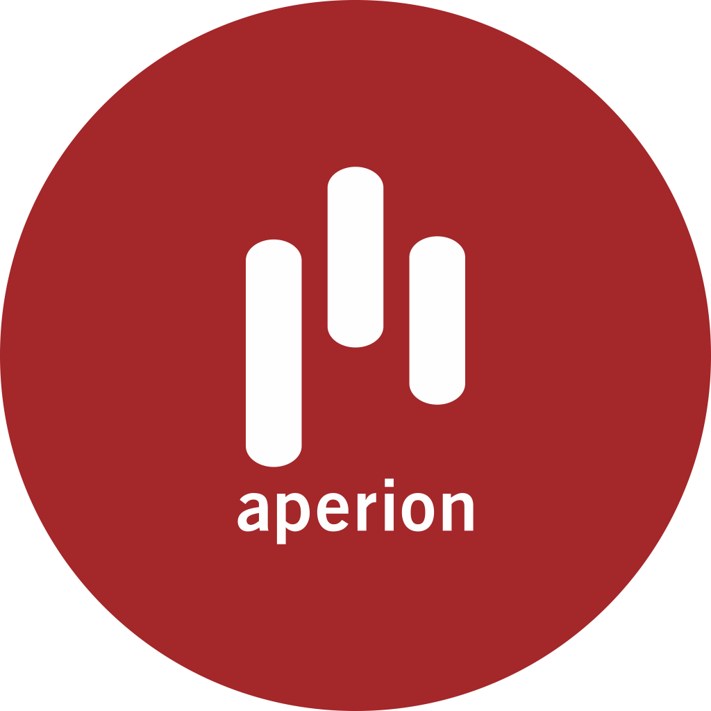 Logo of aperion with white icon and text on a red circle background