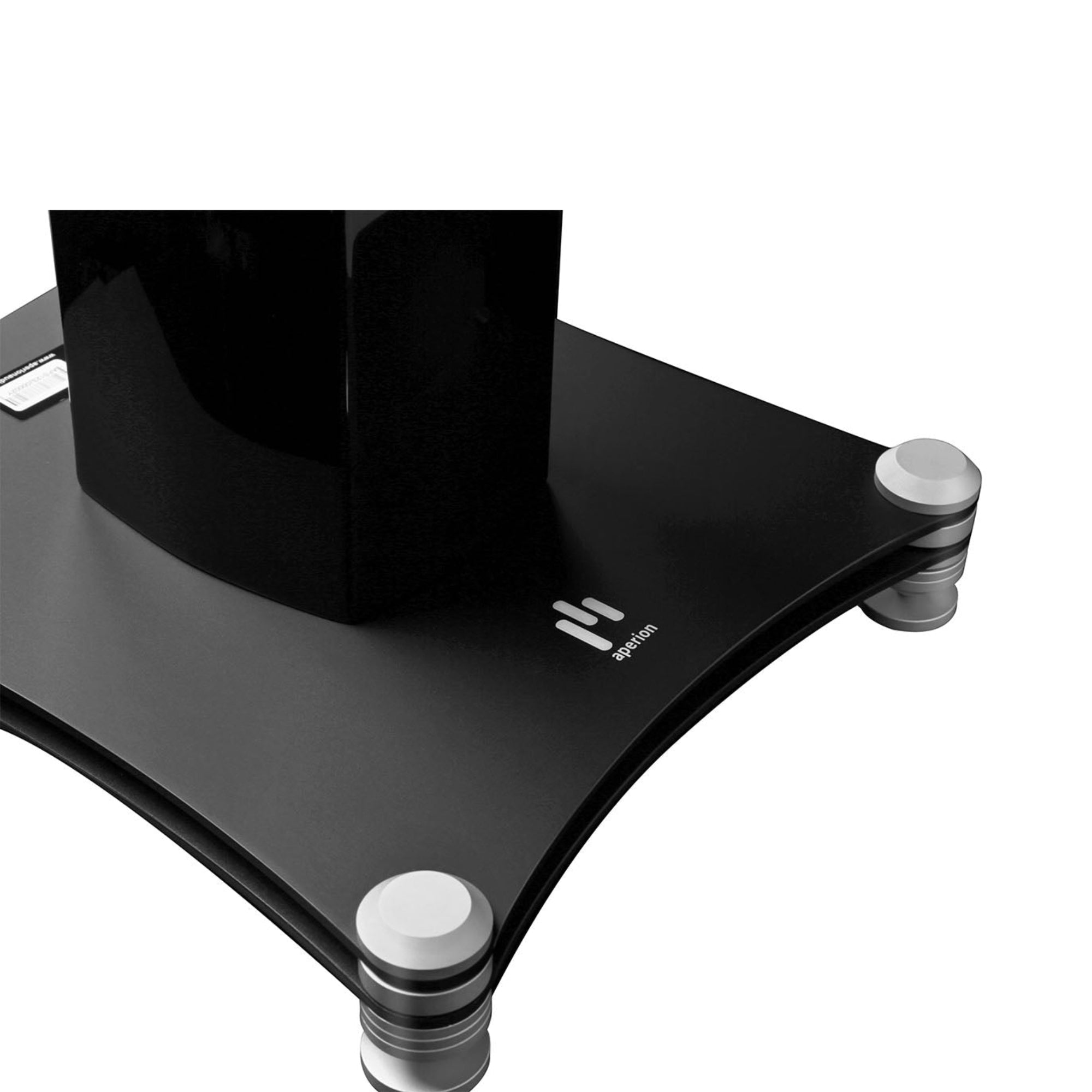 Black speaker stand with silver feet on a white background