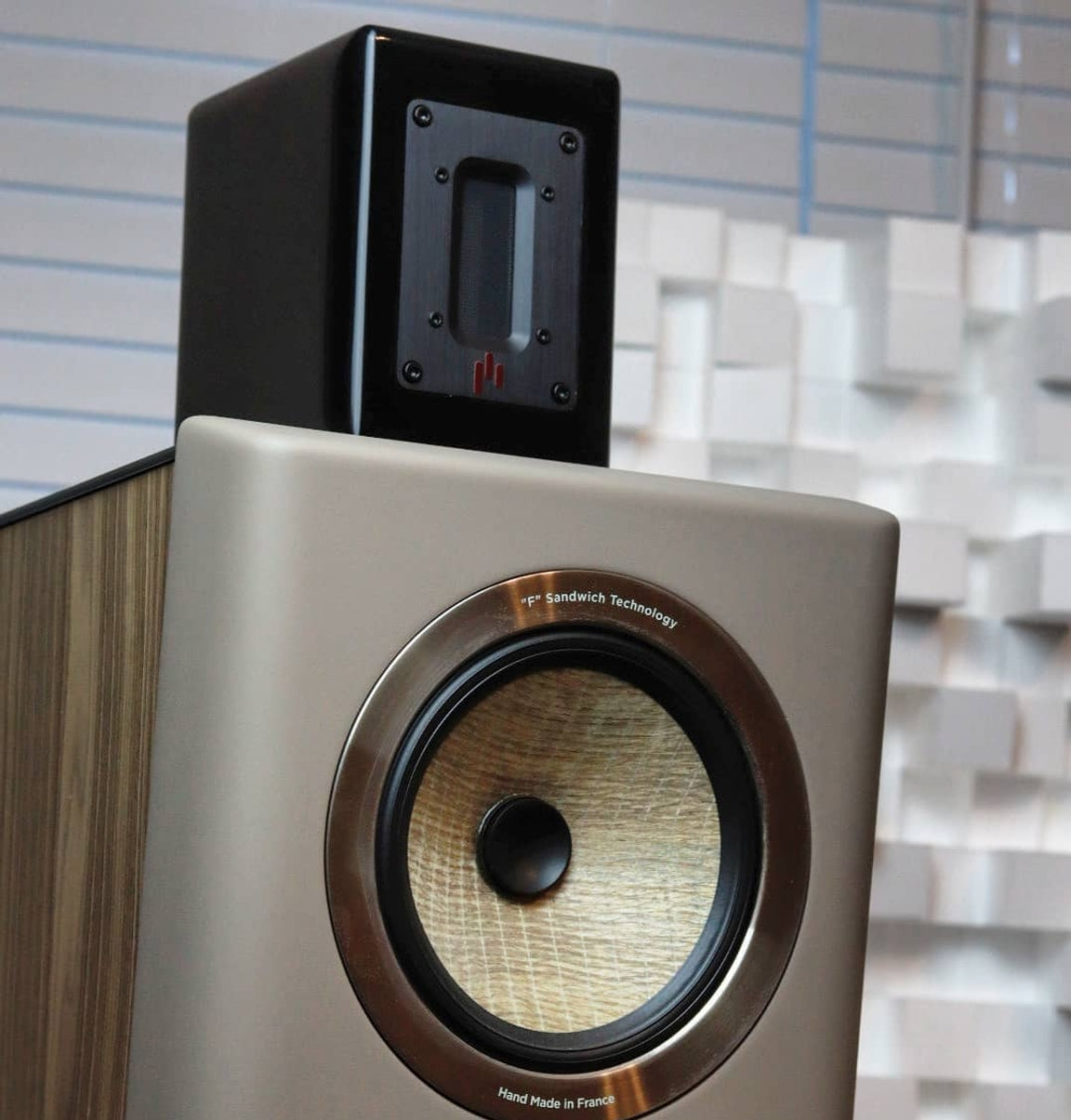 Close up image of the Aperion Audio RST Aluminum Ribbon Super Tweeter used with the Focal Kanta No.1 speaker