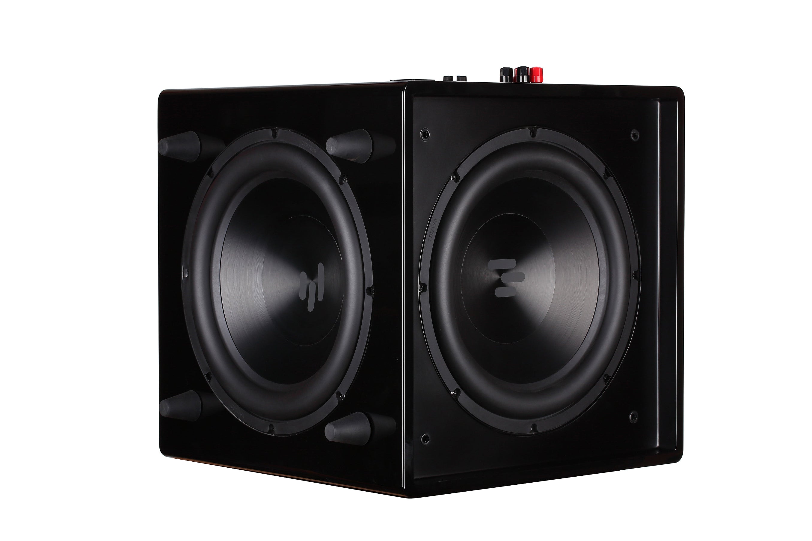 Black subwoofer enclosure with two drivers on a white background