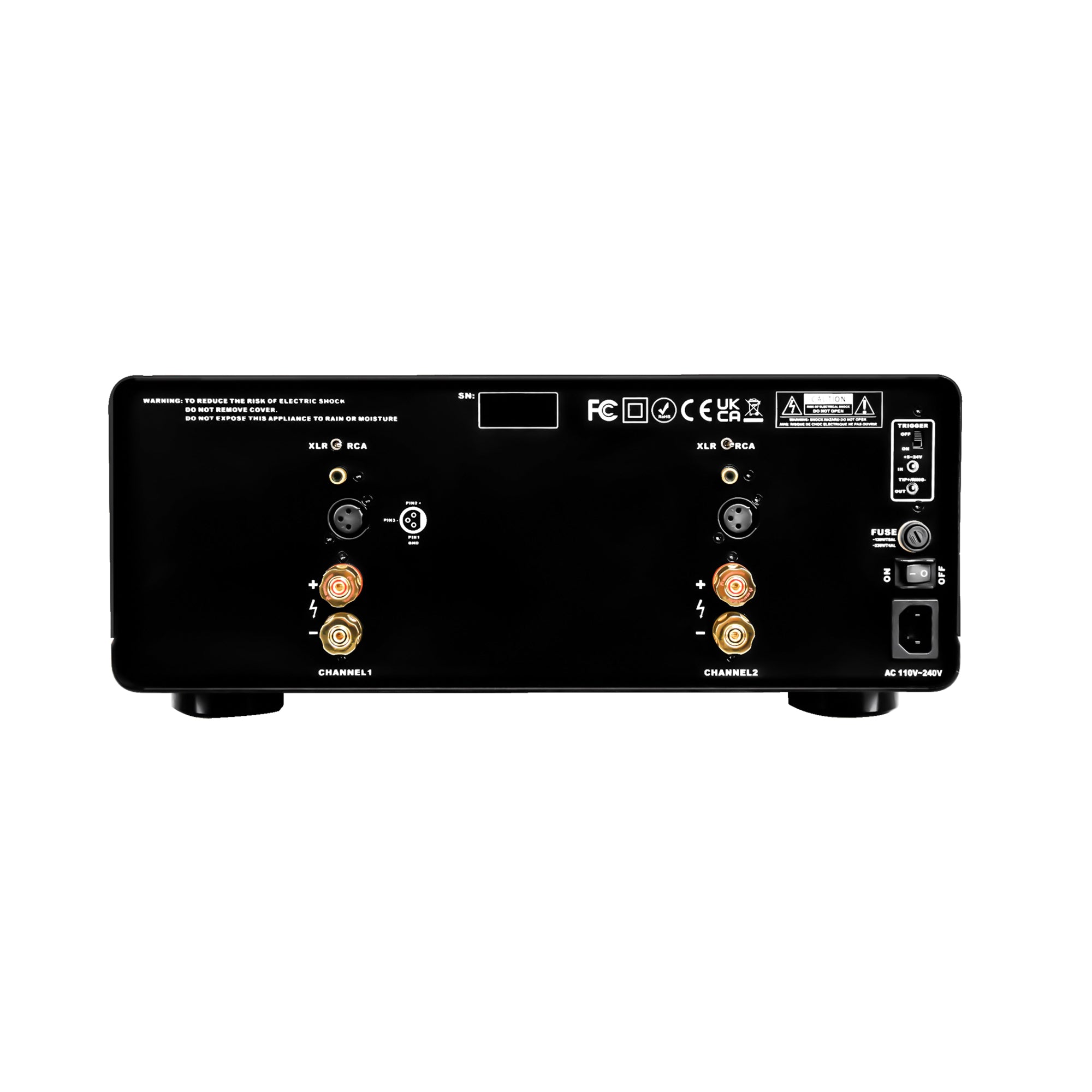 Black audio amplifier back panel with various connectors on a white background