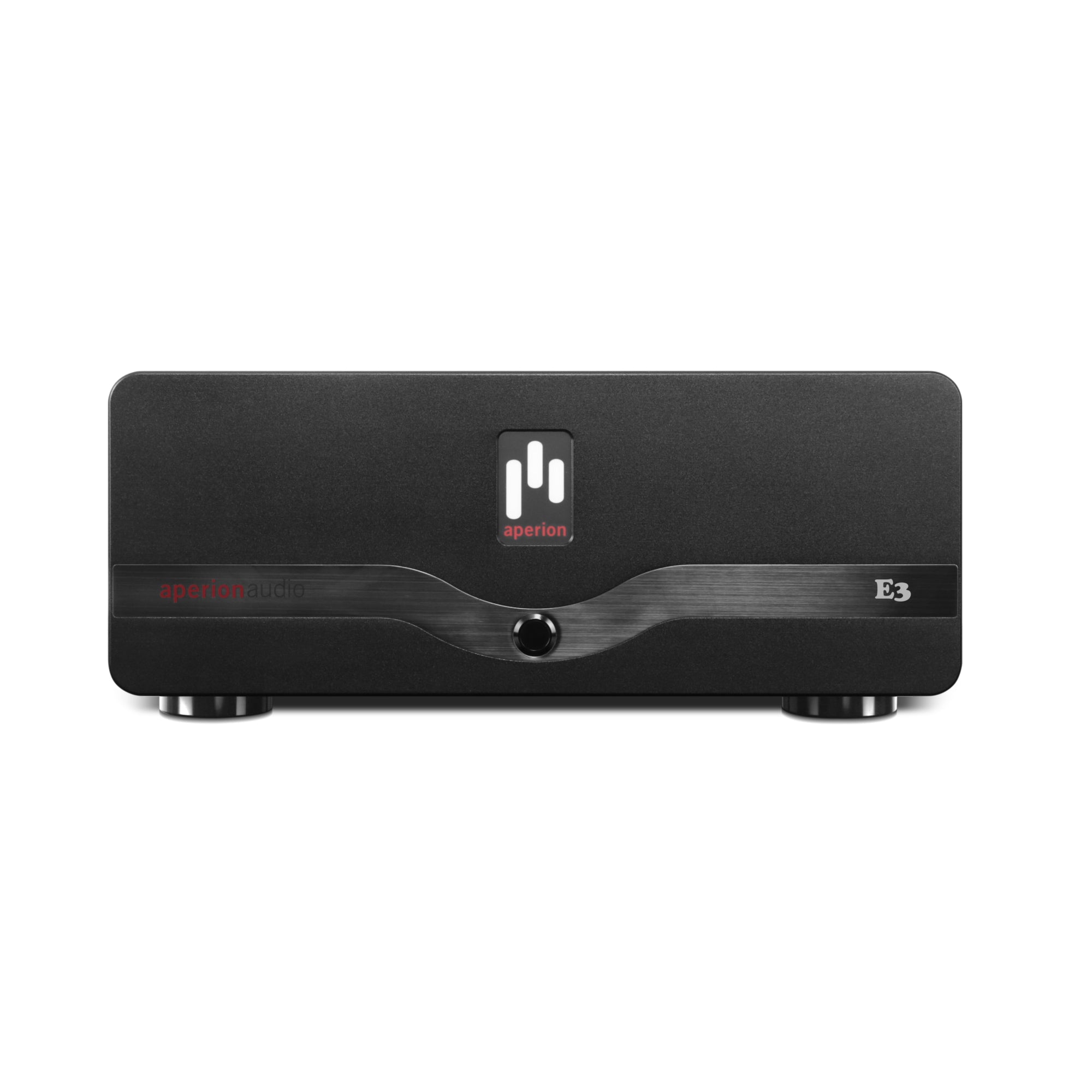 Black Power Amplifier 'E3' with branding and logo for 'Aperion Audio' on a white background