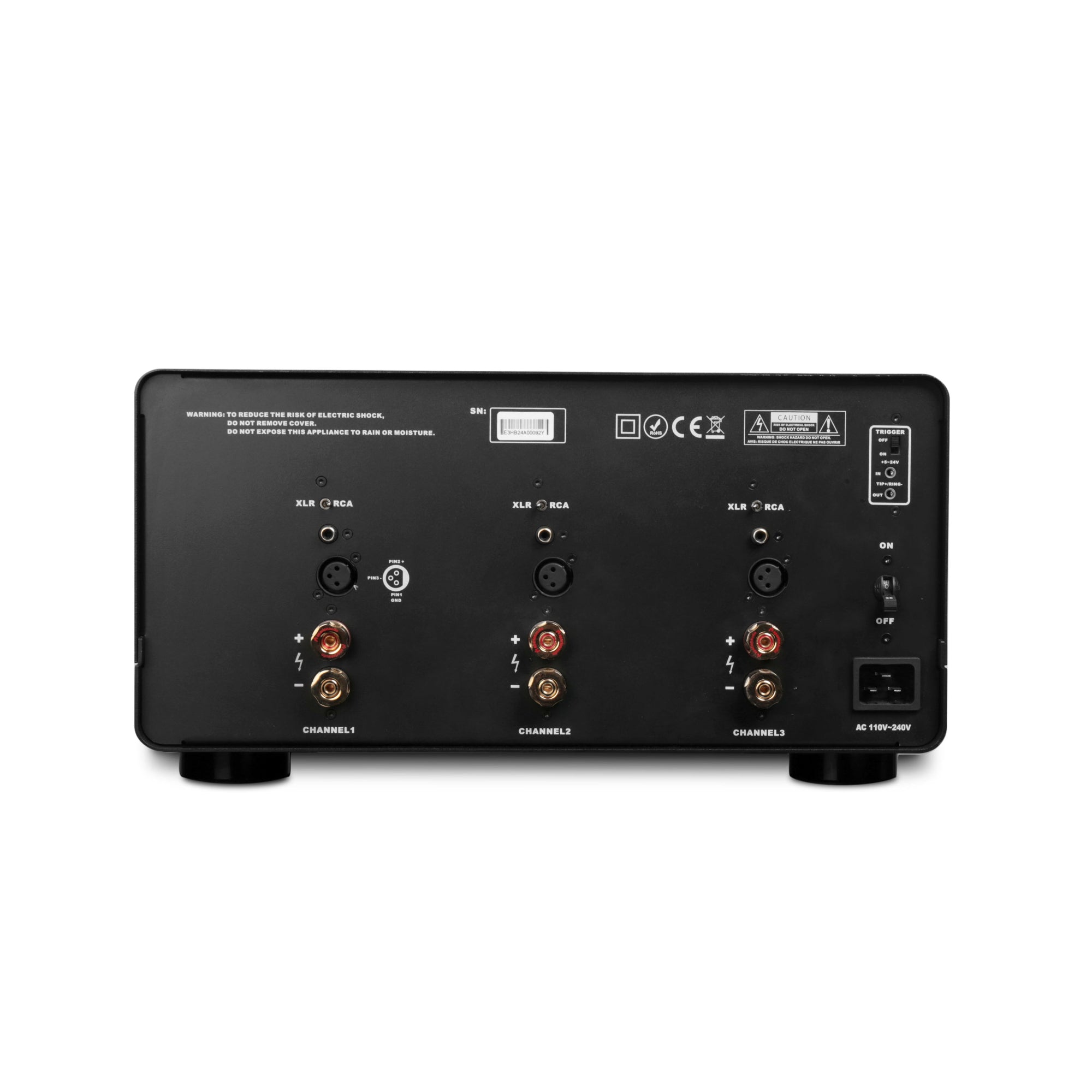 Black Power Amplifier Showing Multiple Connections, labels and inputs