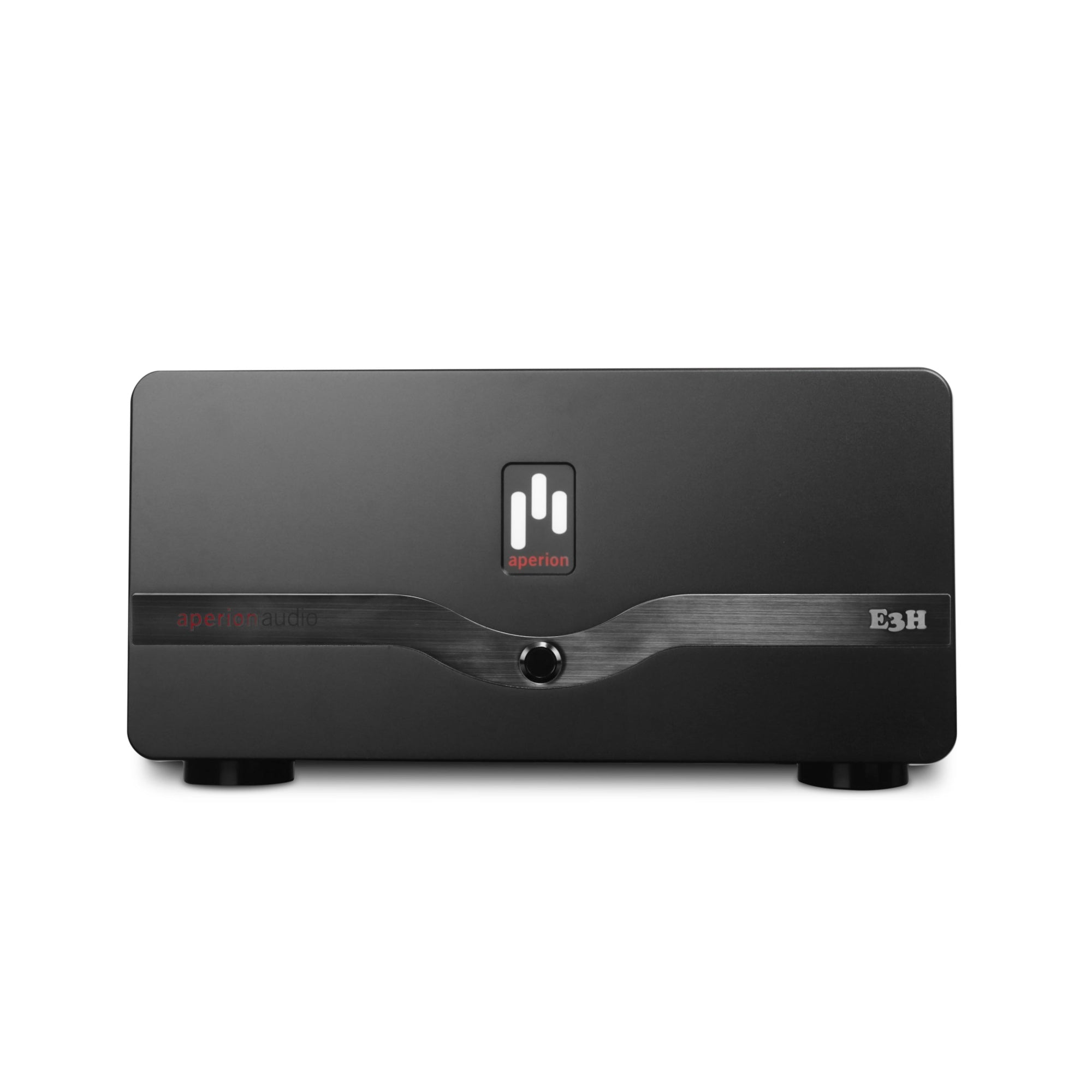 Black Power Amplifier 'Aperion Audio E3H' with branded 'Aperion' and 'Aperion Audio' logo on a white background