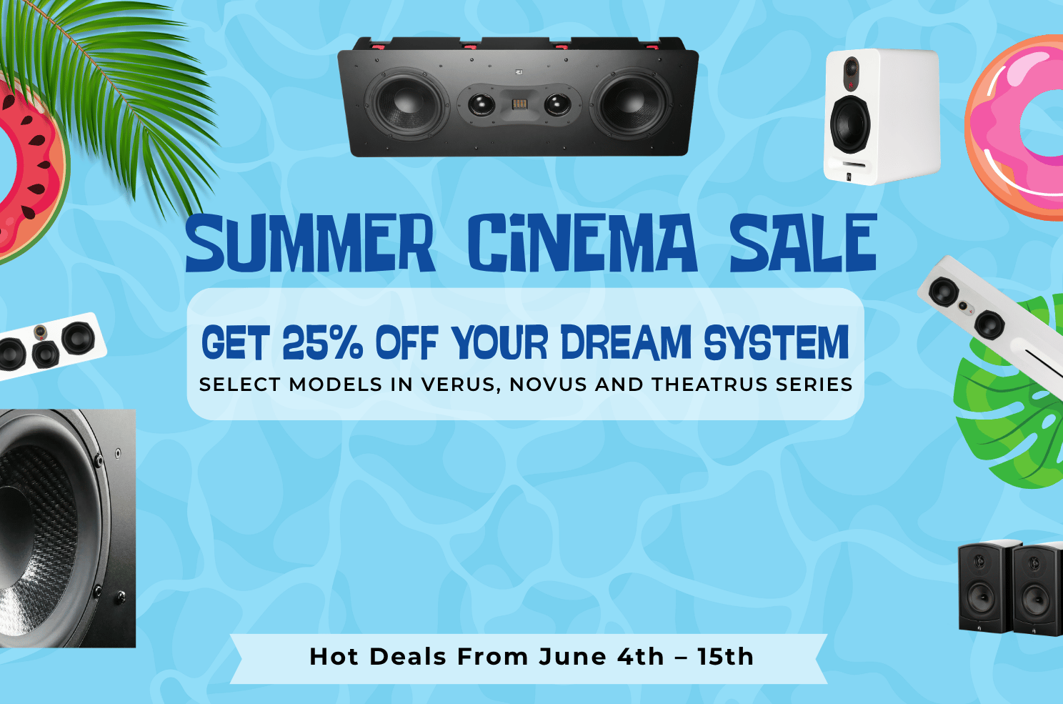 Summer cinema sale advertisement with speakers and promotional text on a blue background