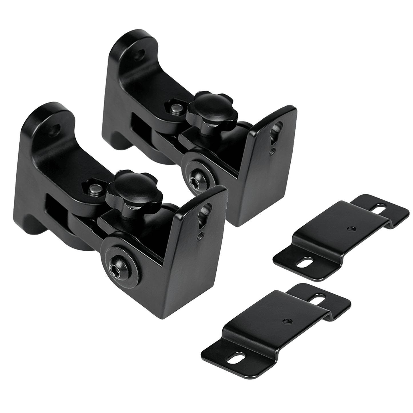 One pair of Aperion adjustable wall mounting brackets in black finish.  Separate speaker plates attach to the mount and lock together with a screw. 