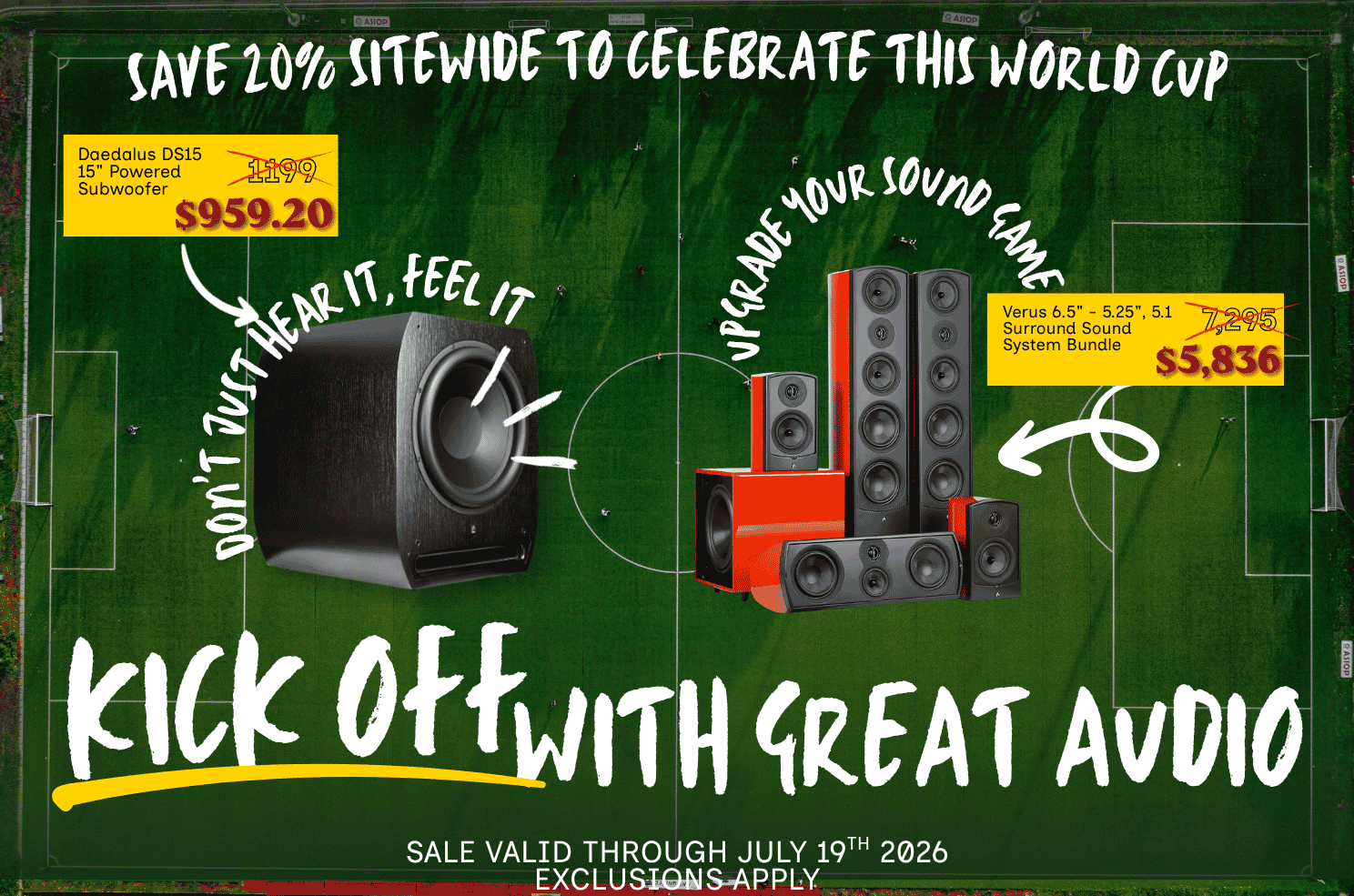 world cup savings celebratory image showing 20 percent discount on all aperion audio products with exclusions applying to Grandis series speakers contact for more info