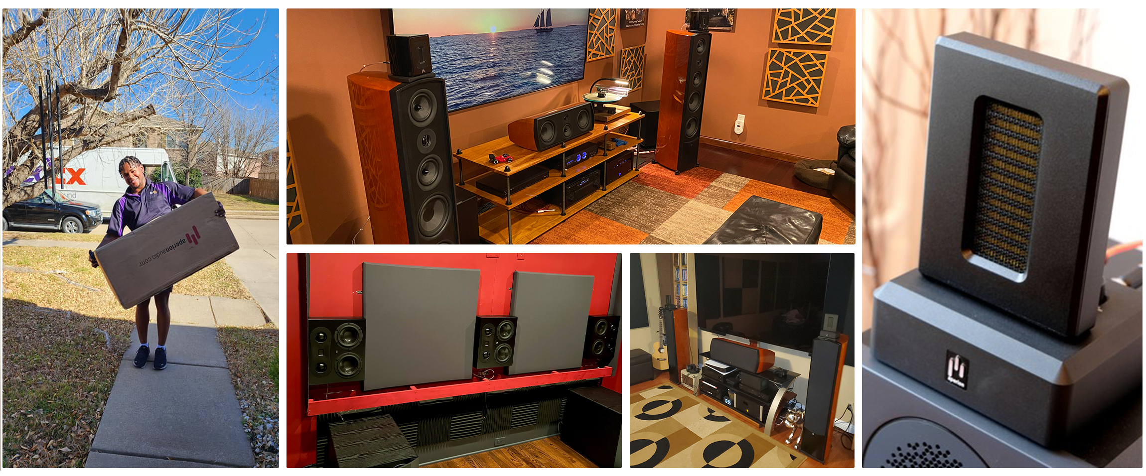 Collage of a person carrying a large electronic device, speakers in a room, and a close-up of a speaker.