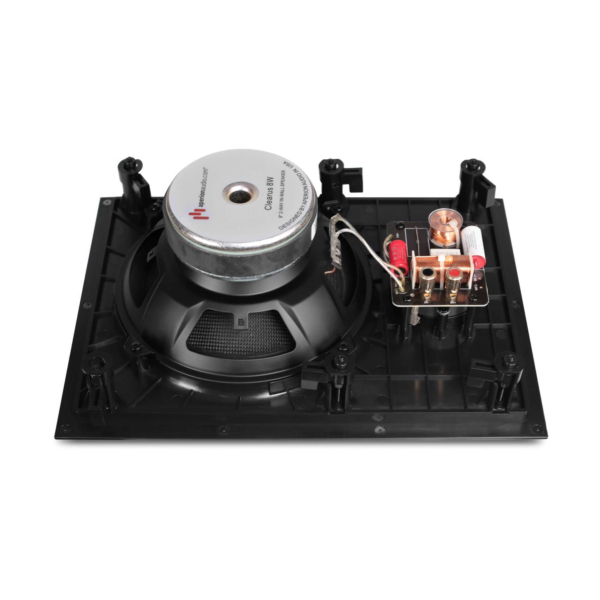 Speaker component with wiring and connectors on a white background