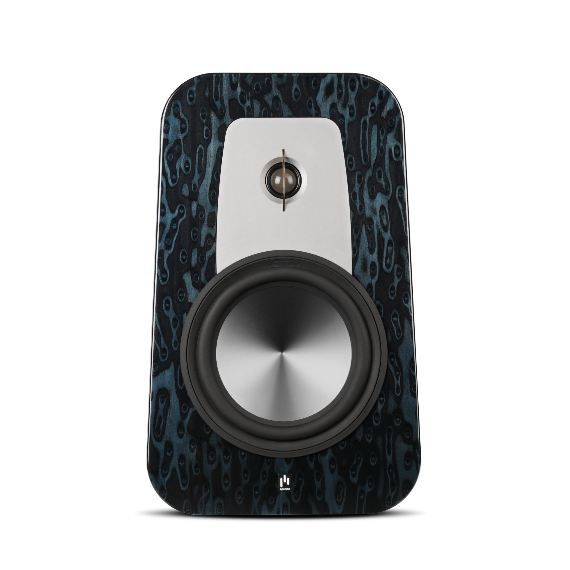 Speaker with blue and black patterned finish on a white background