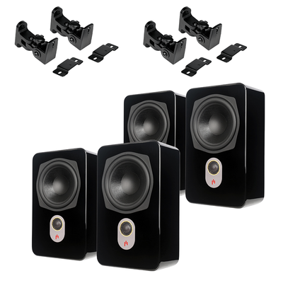 Four Aperion Novus Slim Satellite speakers in gloss black finish on a white background with two pairs of Aperion Adjustable wall mounting brackets. 