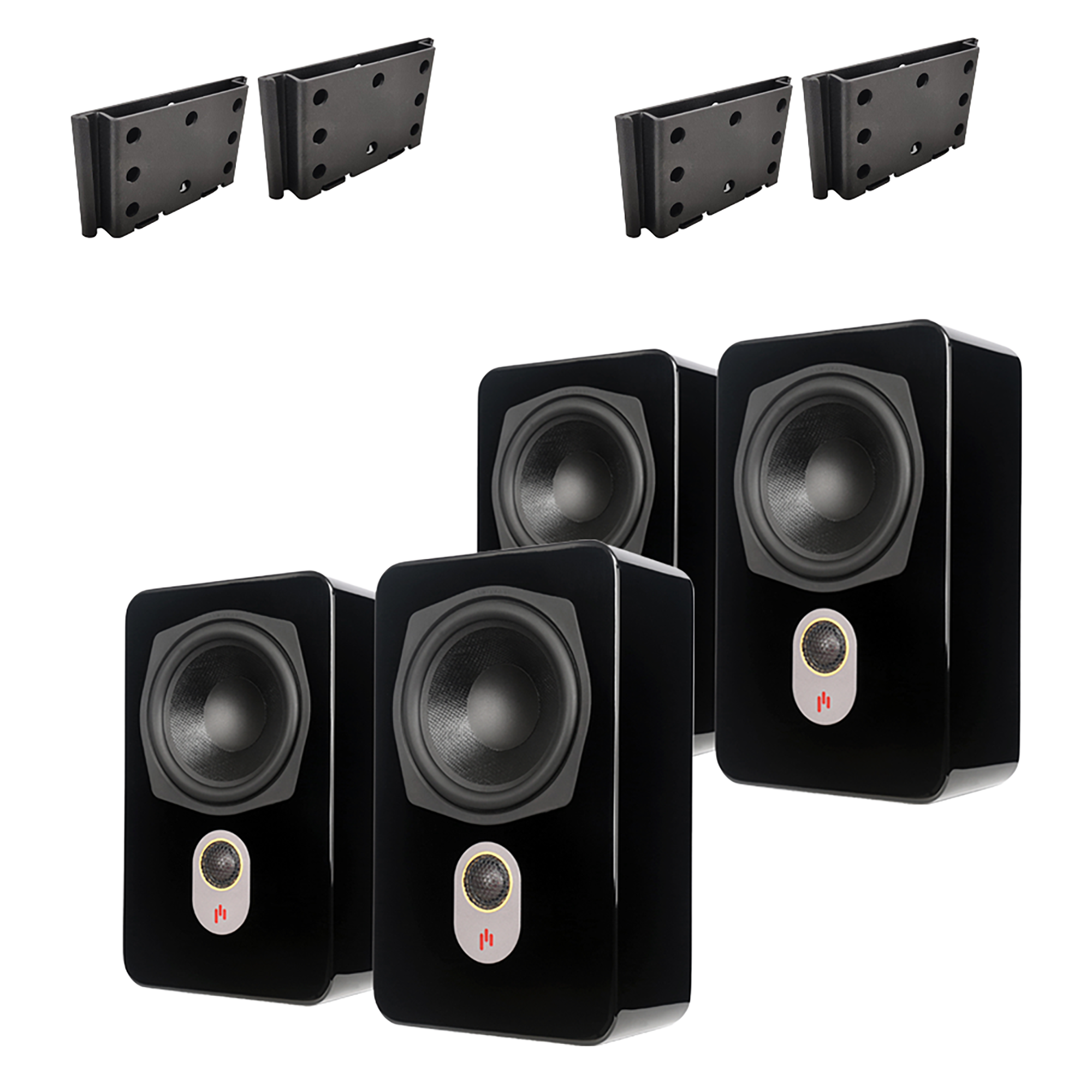 Four Aperion Novus Slim Satellite speakers in gloss black finish on a white background with two pairs of Aperion Stealth mount wall brackets.