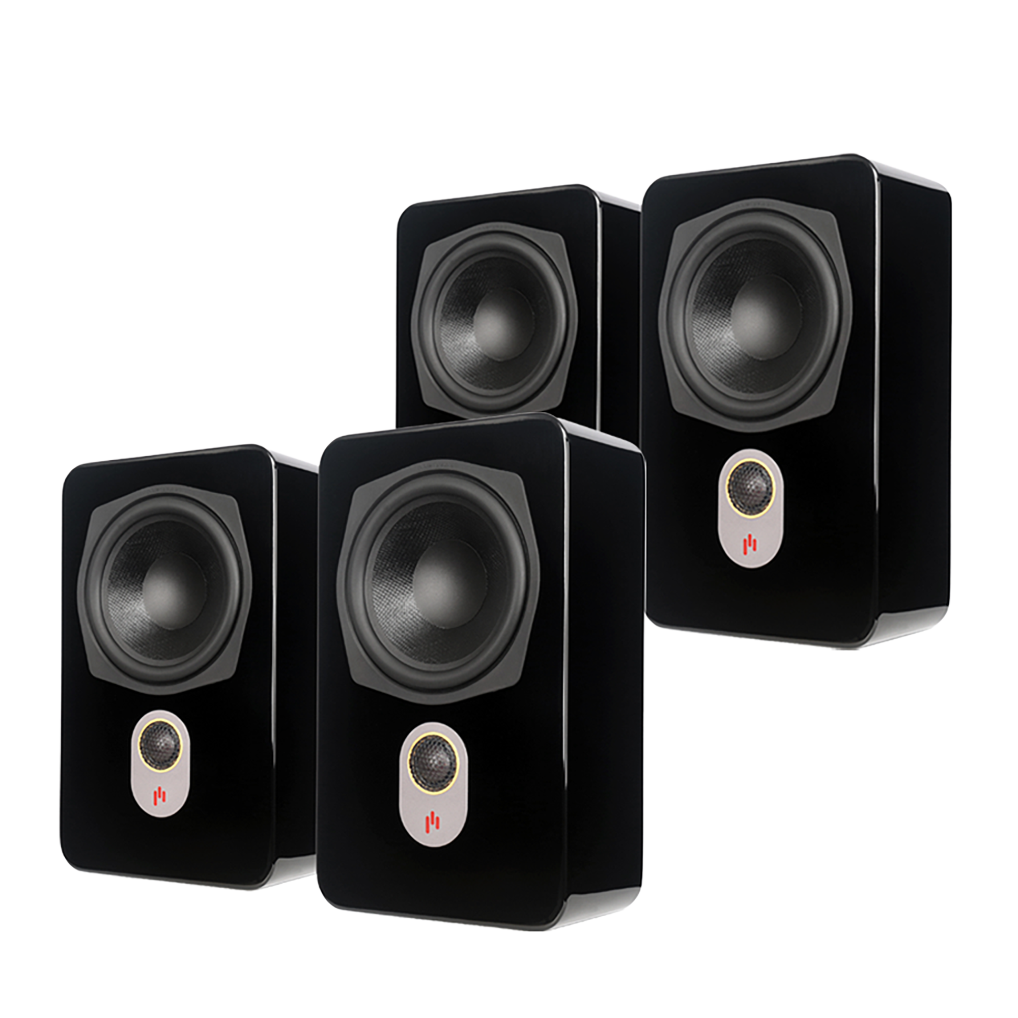 Four Aperion Novus Slim Satellite speakers in gloss black finish on a white background.   