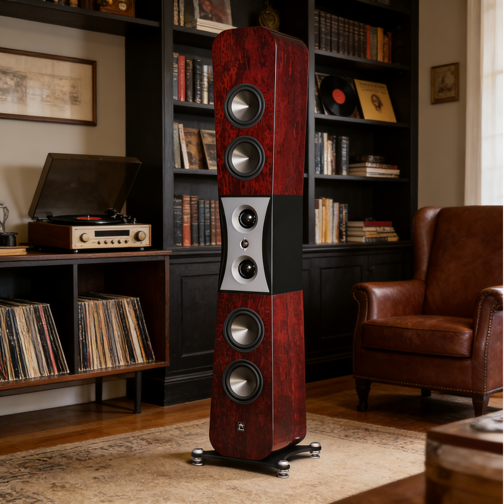 Tall wooden speaker in a room with bookshelves and a leather chair