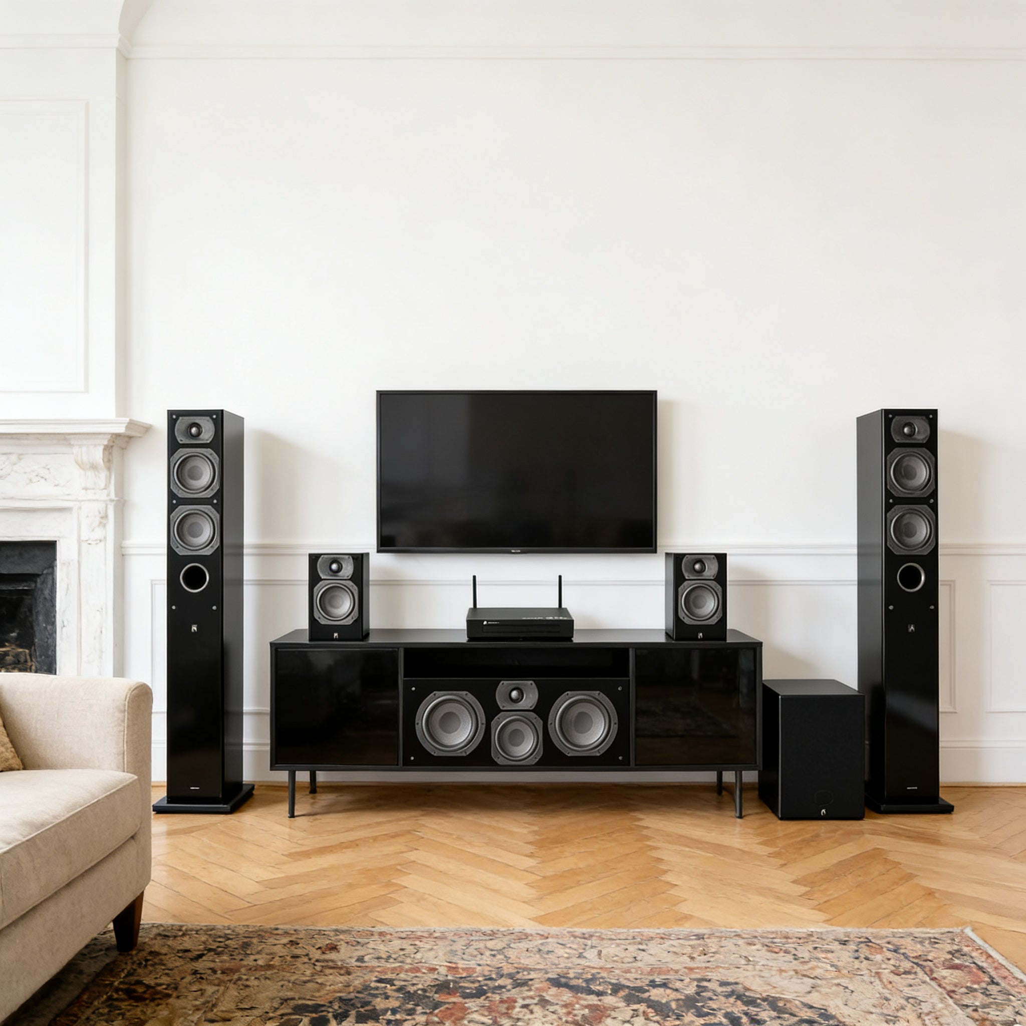 Home theater system with TV and speakers in a living room setting.