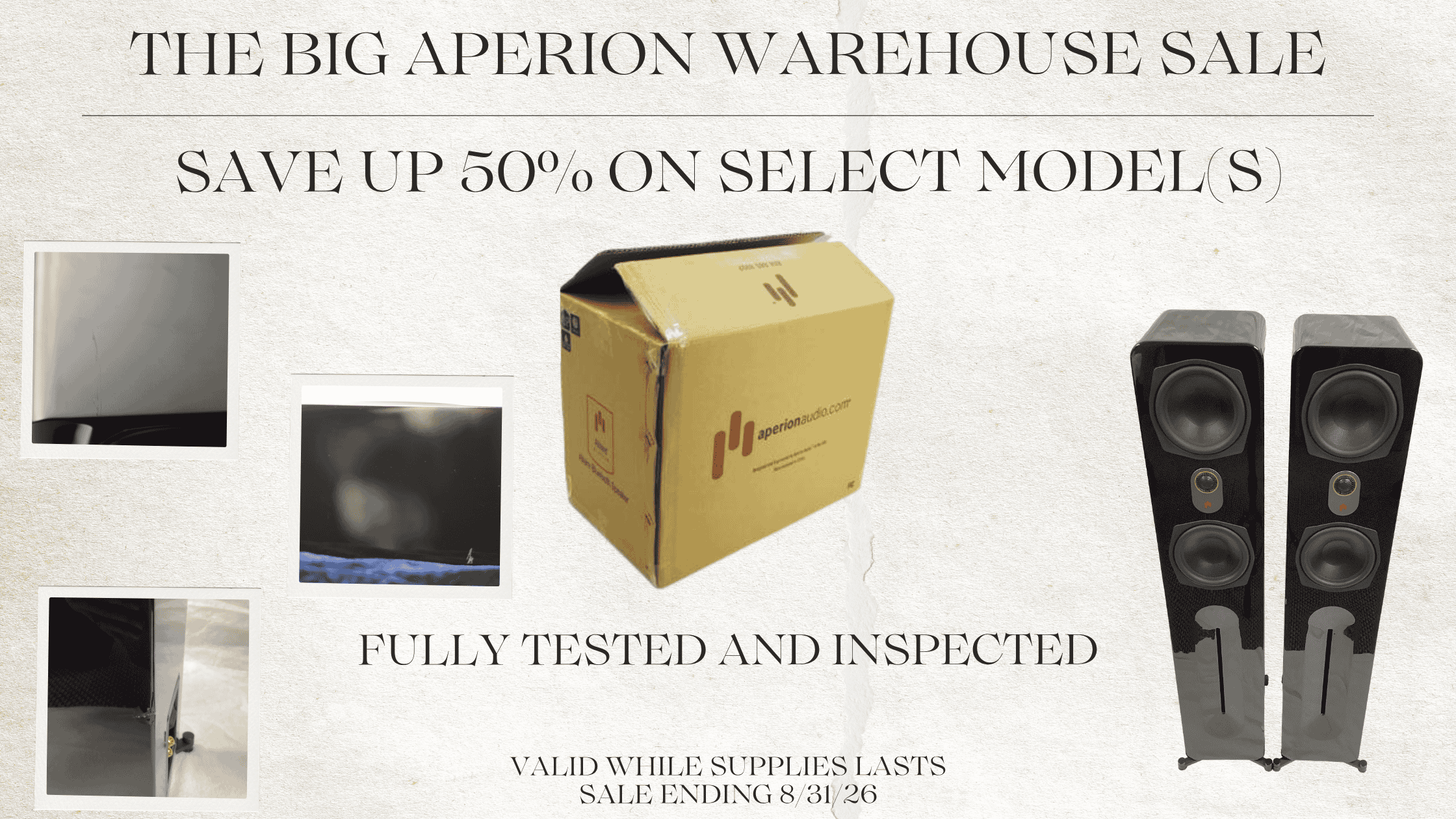 Promotional graphic for a sale on Aperson warehouse models, featuring a cardboard box, a pair of black floor-standing speakers, and several small inset photos on a light textured background with text reading 'THE BIG APERION WAREHOUSE SALE' and 'SAVE UP 50% ON SELECT MODEL(S)'.