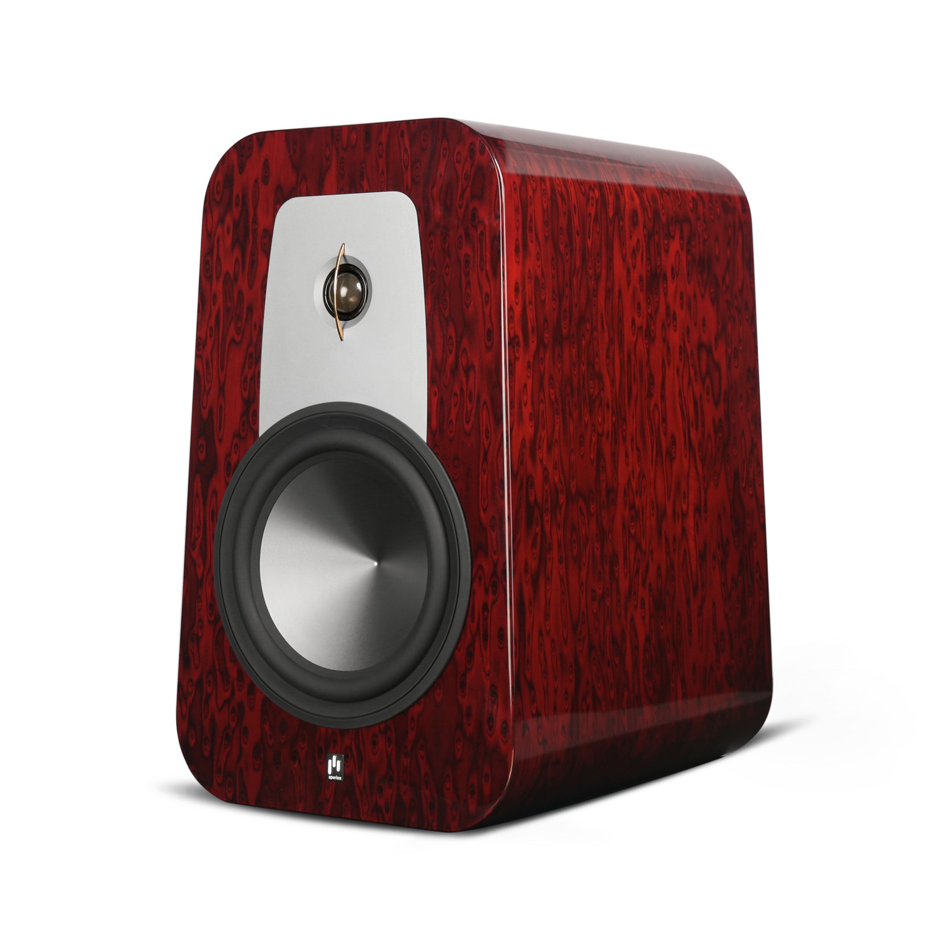 Single Grandis GR8 Bookshelf speaker.  Shown is the speaker in gloss rosewood finish and an angle with the 8" custom woofer and silk dome tweeter. 