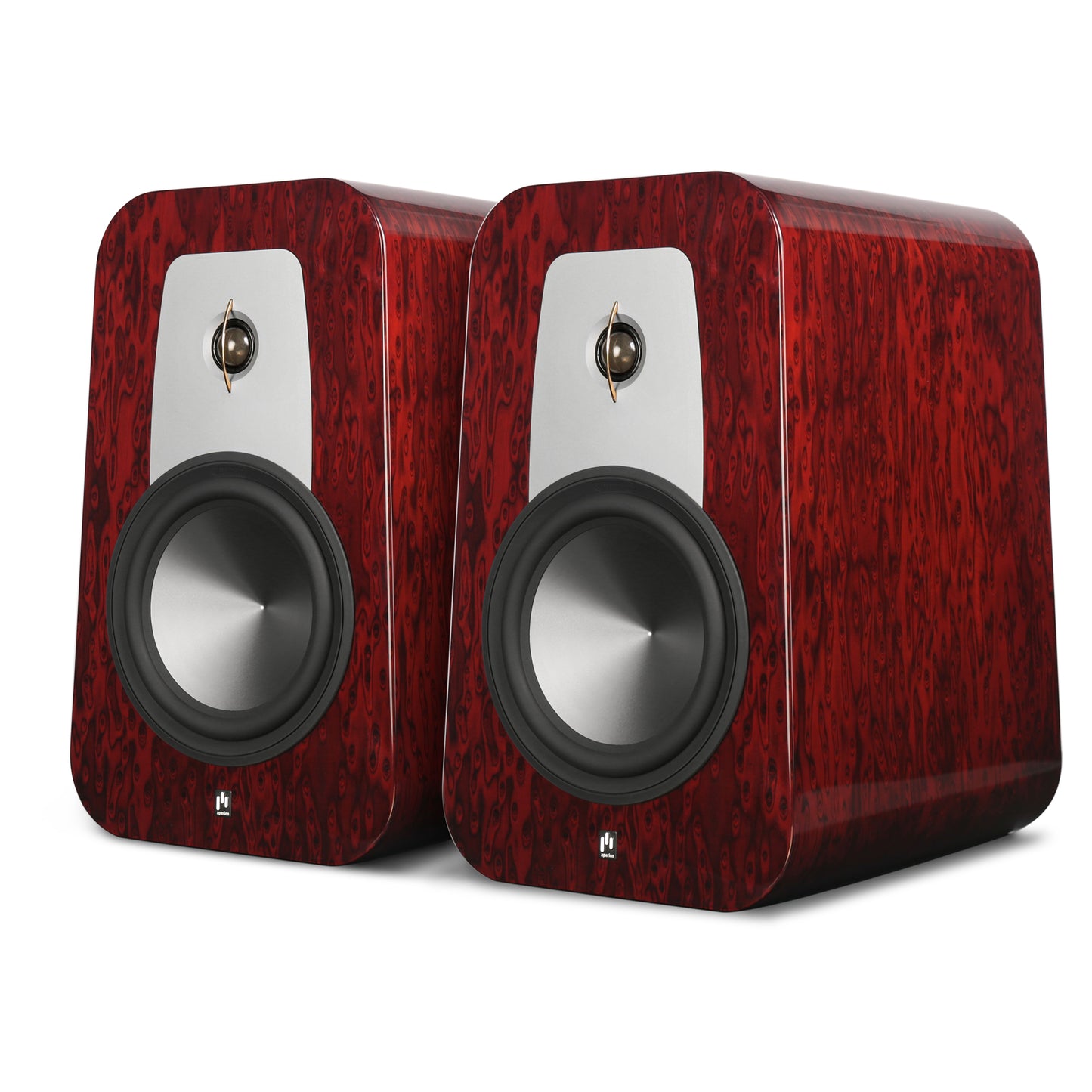 One pair of Aperion Grandis GR8 Bookshelf speakers in Gloss Rosewood Opal finish.  Shown are the custom designed drivers and beautifully curved cabinets. 