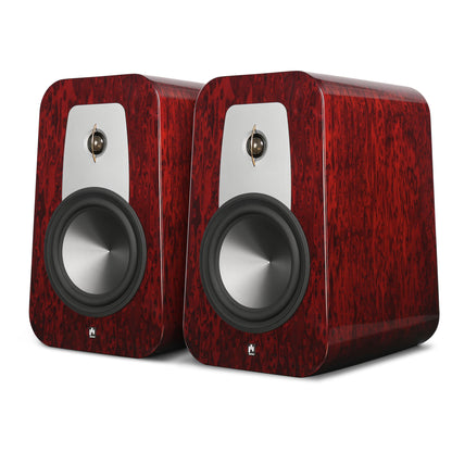 One pair of Aperion Grandis GR8 Bookshelf speakers in Gloss Rosewood Opal finish.  Shown are the custom designed drivers and beautifully curved cabinets. 
