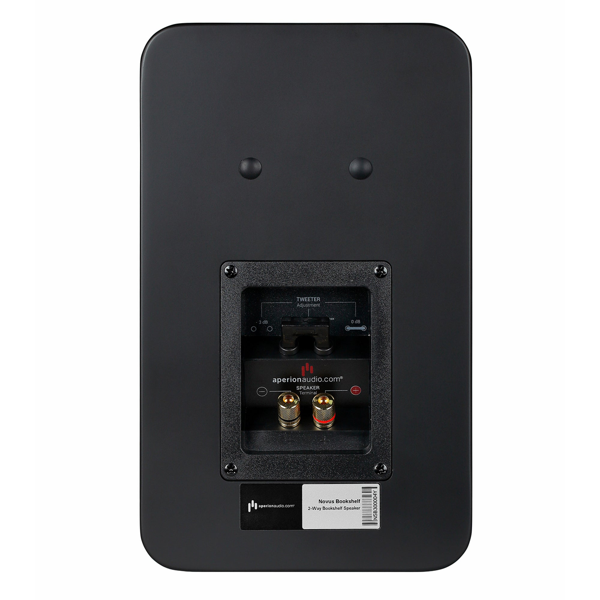 Back view of a black audio speaker with brand logo on a white background