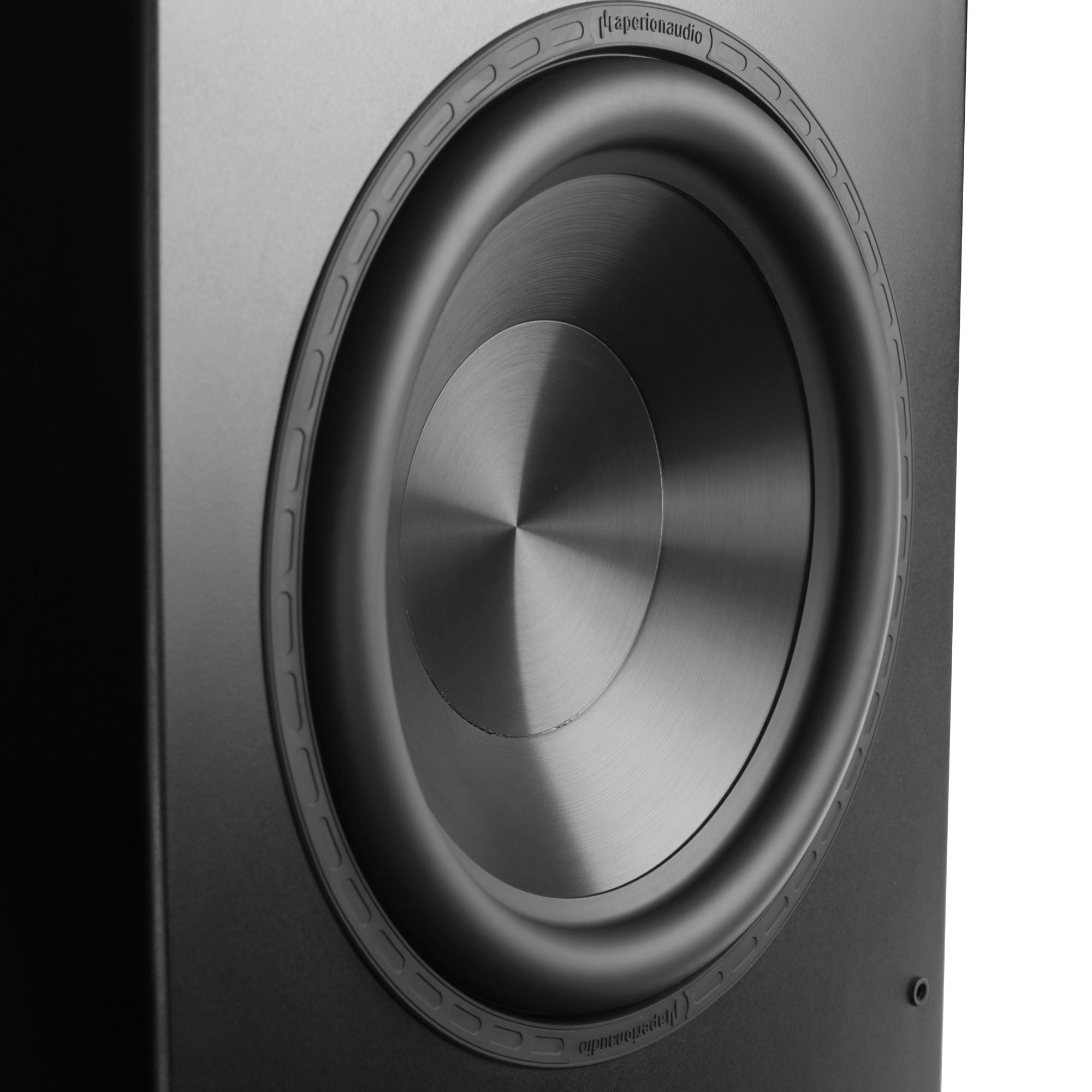 Close-up of a speaker with a brand logo on a white background