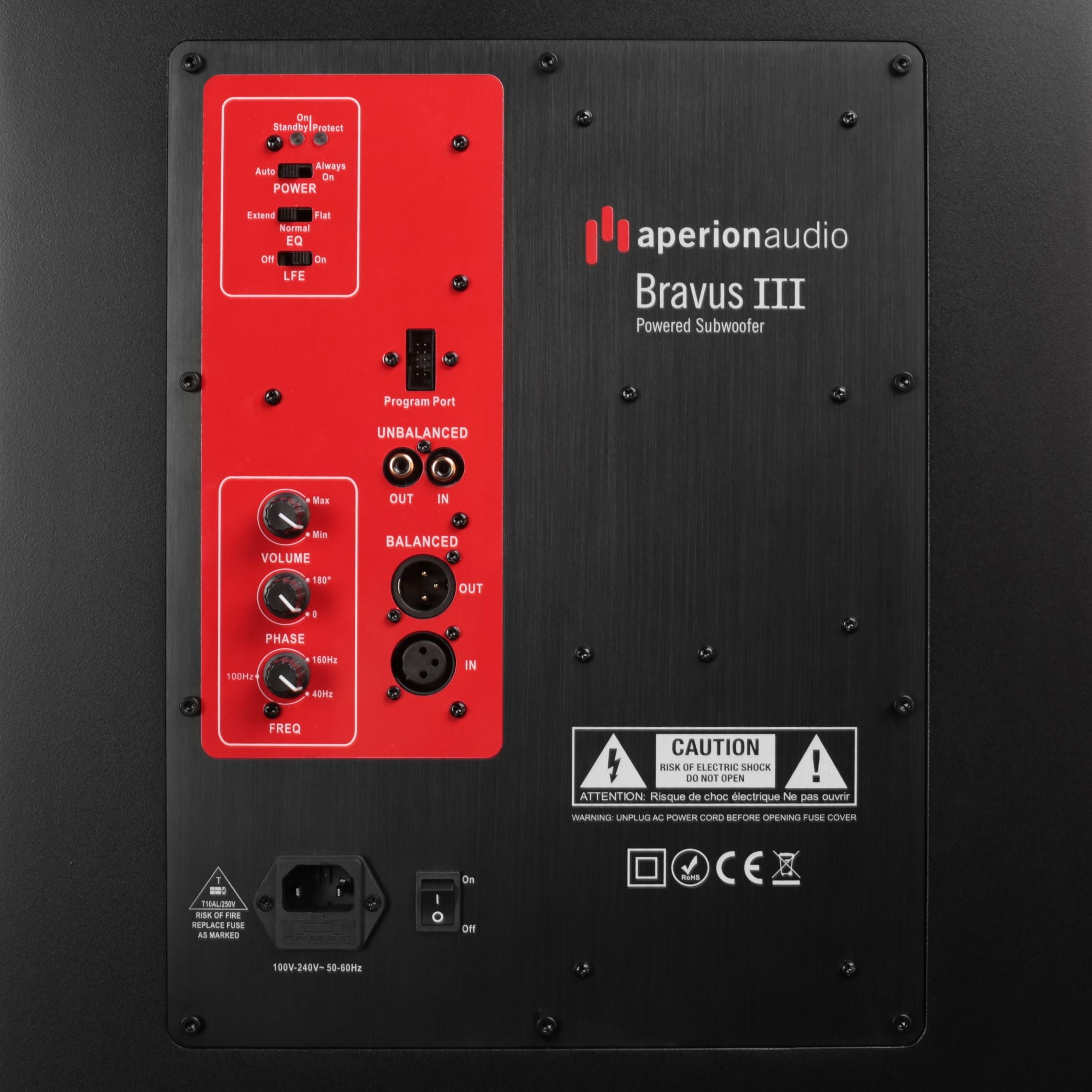 Back panel of a Aperion Audio Bravus III powered subwoofer with red control panel.
